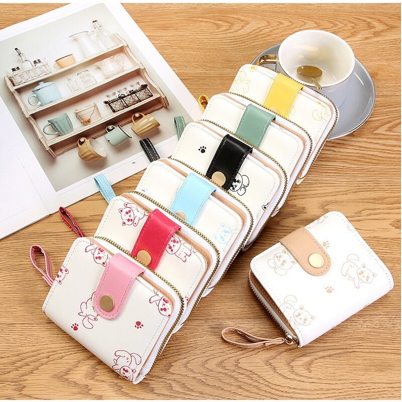 Японско сладко коте Дамски къси портфейли Чанта за притежател на студентска карта с цип Портфейл за монети Розов Щипка за пари за момичета Двукратен портфейл