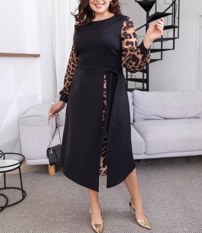 Rochie nouă mărime mare Rochie mare cu mânecă lungă, elegantă, imprimată cu decolteu rotund