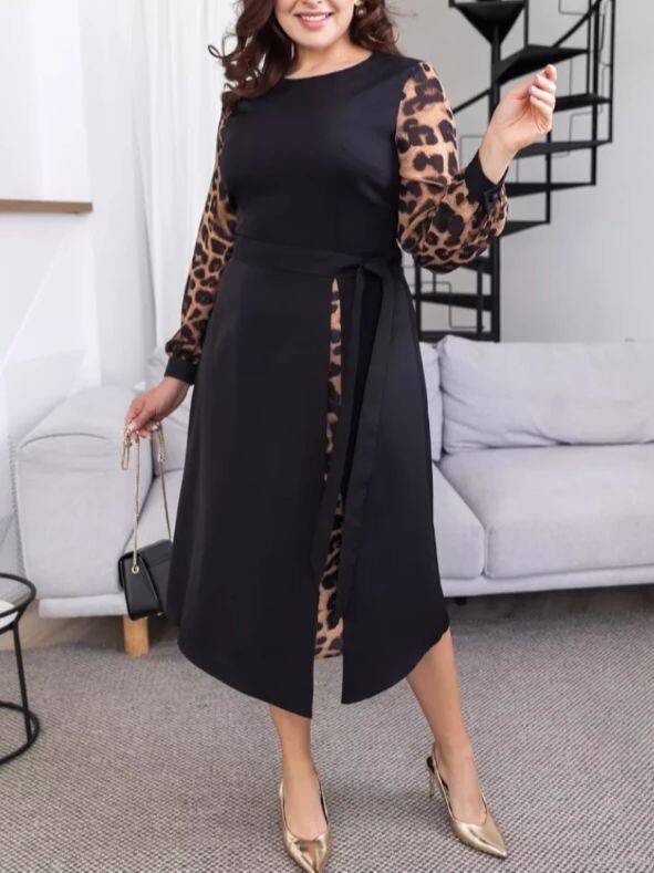 Rochie nouă mărime mare Rochie mare cu mânecă lungă, elegantă, imprimată cu decolteu rotund