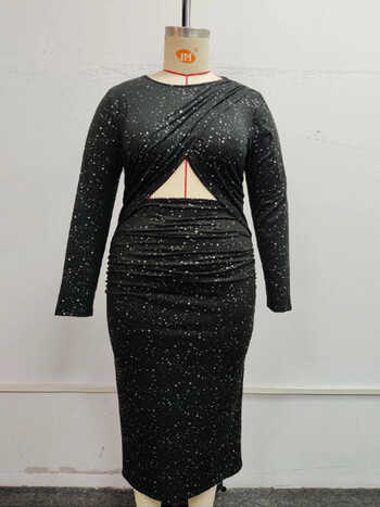 GIBSIE Plus Size Sexy Cutout Split Glitter φόρεμα 2024 Φθινοπωρινό μαύρο μακρυμάνικο πάρτι με λαιμόκοψη Κομψά μακριά φορέματα Bodycon