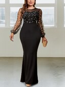 Дамска рокля с голям размер, елегантна рокля с принт на точки и мрежеста прозрачна коктейлна тънка есенна дълга рокля с дълъг ръкав