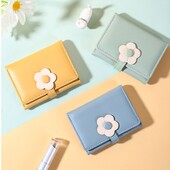 Portofel mic din piele PU pentru fete, la modă, cu cataramă de flori, buzunar pentru numerar, pentru femei, portofel pliat în trei, cu fereastră de identificare.