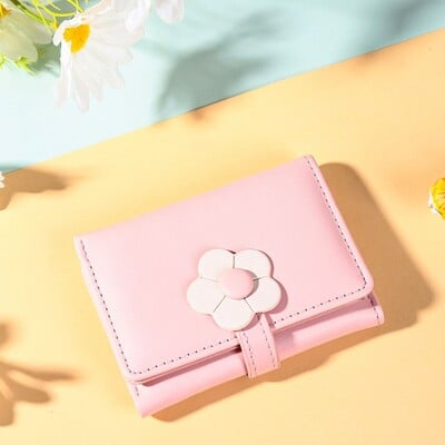 Portofel mic din piele PU pentru fete, la modă, cu cataramă de flori, buzunar pentru numerar, pentru femei, portofel pliat în trei, cu fereastră de identificare.