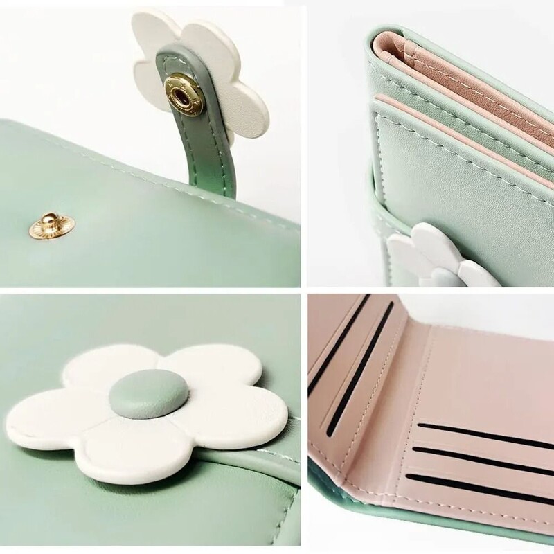 Portofel mic din piele PU pentru fete, la modă, cu cataramă de flori, buzunar pentru numerar, pentru femei, portofel pliat în trei, cu fereastră de identificare.