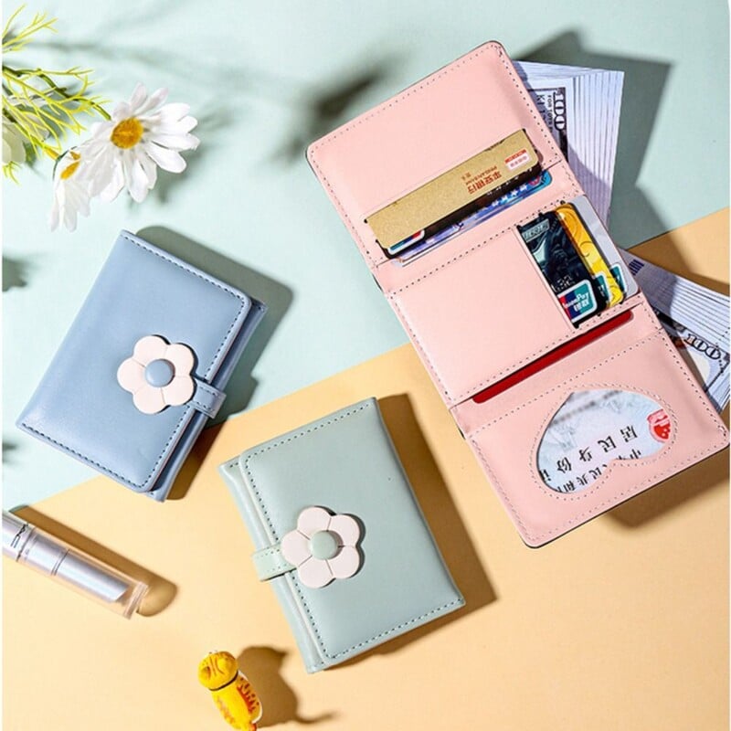Portofel mic din piele PU pentru fete, la modă, cu cataramă de flori, buzunar pentru numerar, pentru femei, portofel pliat în trei, cu fereastră de identificare.