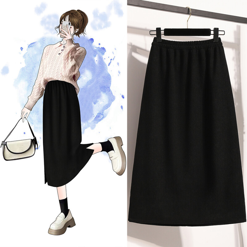 Fusta de toamnă 2024 pentru femei, cu talie înaltă elastică, fustă de dimensiuni mari, cu fantă în spate, în stil coreean, elegante, maro sau negru, ocazional, pentru femei