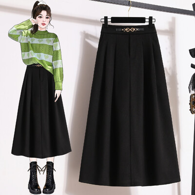 Fusta de Lână Dimensiuni Plus Femei Iarna 2024 Noutăți Patchwork cu talie înaltă Fusta A Linie elastică Fuste Maxi Maro sau Negru Femei