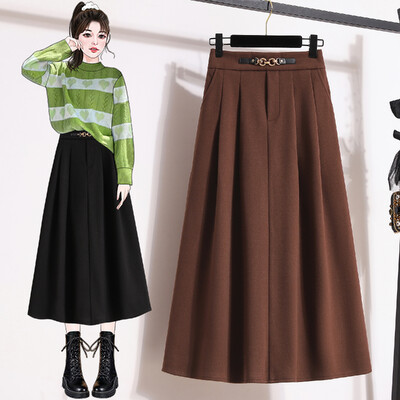 Fusta de Lână Dimensiuni Plus Femei Iarna 2024 Noutăți Patchwork cu talie înaltă Fusta A Linie elastică Fuste Maxi Maro sau Negru Femei