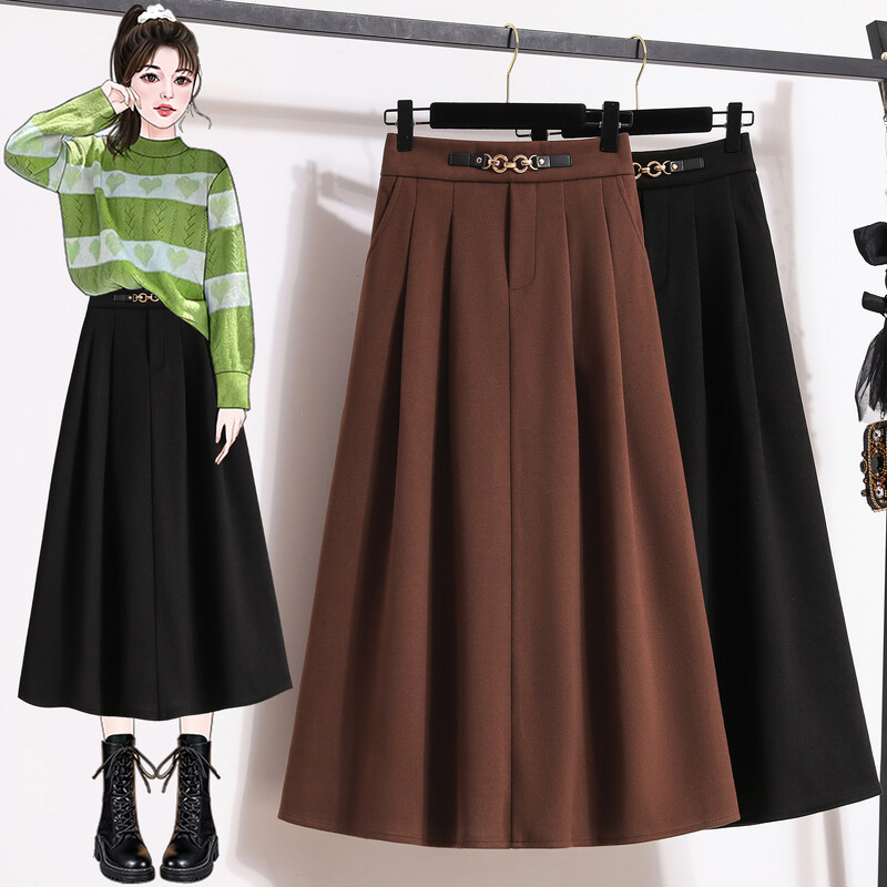 Fusta de Lână Dimensiuni Plus Femei Iarna 2024 Noutăți Patchwork cu talie înaltă Fusta A Linie elastică Fuste Maxi Maro sau Negru Femei