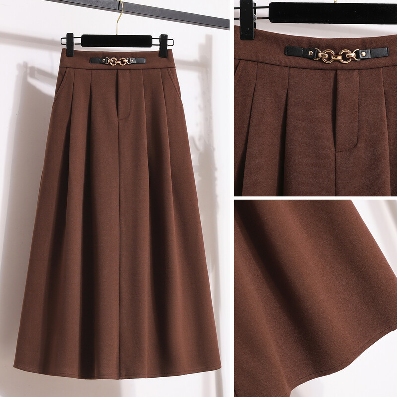 Fusta de Lână Dimensiuni Plus Femei Iarna 2024 Noutăți Patchwork cu talie înaltă Fusta A Linie elastică Fuste Maxi Maro sau Negru Femei