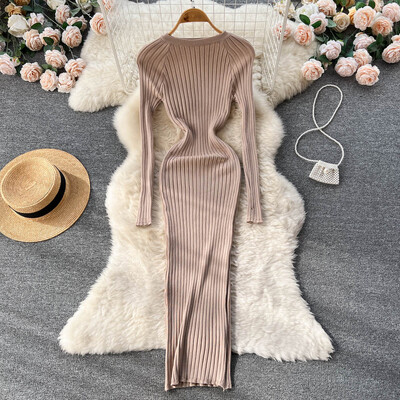 SINGREINY rochie maxi tricotată de iarnă pentru femei, cu decolteu O, toamnă, cu mânecă lungă, subțire, solidă, Harajuku, pentru femei, pulover creion, rochii lungi