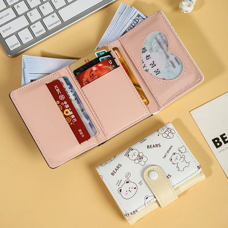 Mini portofel drăguț pentru femei, ursuleț din piele PU, suport pentru carduri de credit, portofele, geantă de bani pentru femeie, husă pentru monede, cu trei ori, valet scurt de desene animate