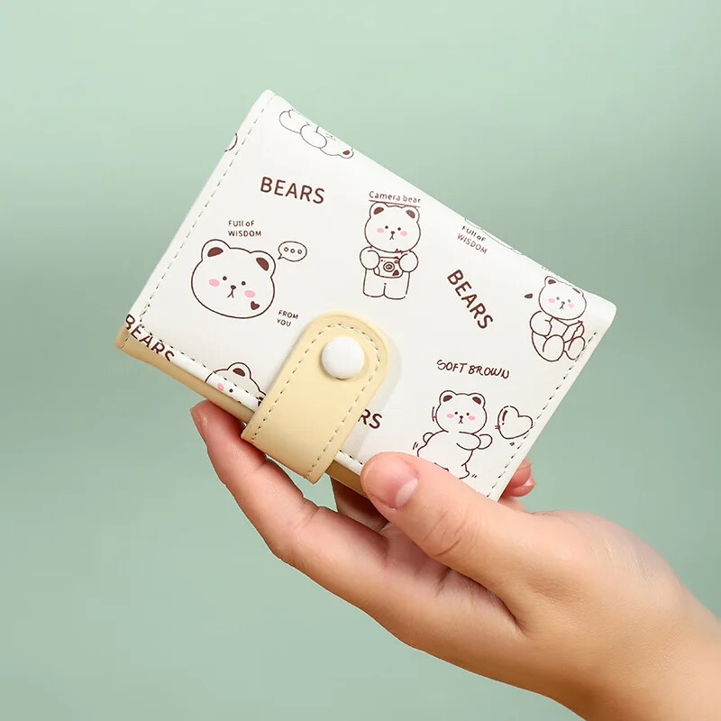 Mini portofel drăguț pentru femei, ursuleț din piele PU, suport pentru carduri de credit, portofele, geantă de bani pentru femeie, husă pentru monede, cu trei ori, valet scurt de desene animate