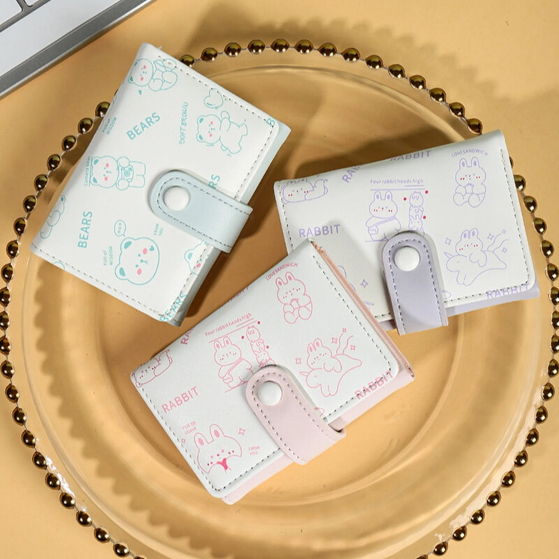 Mini portofel drăguț pentru femei, ursuleț din piele PU, suport pentru carduri de credit, portofele, geantă de bani pentru femeie, husă pentru monede, cu trei ori, valet scurt de desene animate