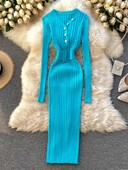 YuooMuoo 2024 Jesen Zima Pletena džemper haljina s V izrezom s remenom Chic modna uska elastična rebrasta haljina uz kroj Lady Vestidos