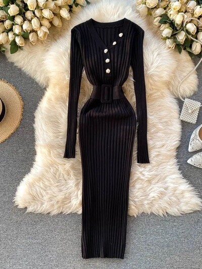 YuooMuoo 2024 Jesen Zima Pletena džemper haljina s V izrezom s remenom Chic modna uska elastična rebrasta haljina uz kroj Lady Vestidos