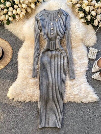 YuooMuoo 2024 Jesen Zima Pletena džemper haljina s V izrezom s remenom Chic modna uska elastična rebrasta haljina uz kroj Lady Vestidos