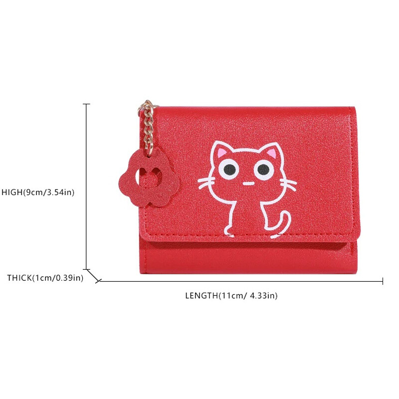 Portofel scurt pentru monede, cu imprimeu de pisici de desene animate, PU, cu trei ori, geantă pentru cărți, portofel de călătorie portabil cu mai multe sloturi pentru carduri pentru cadouri de zi de naștere