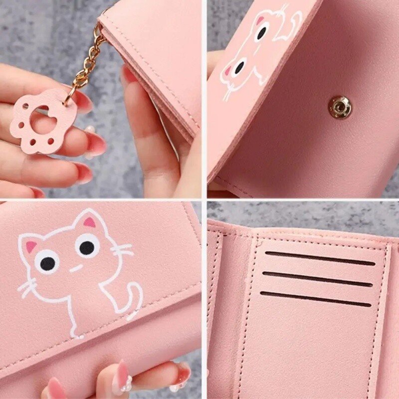 Portofel scurt pentru monede, cu imprimeu de pisici de desene animate, PU, cu trei ori, geantă pentru cărți, portofel de călătorie portabil cu mai multe sloturi pentru carduri pentru cadouri de zi de naștere