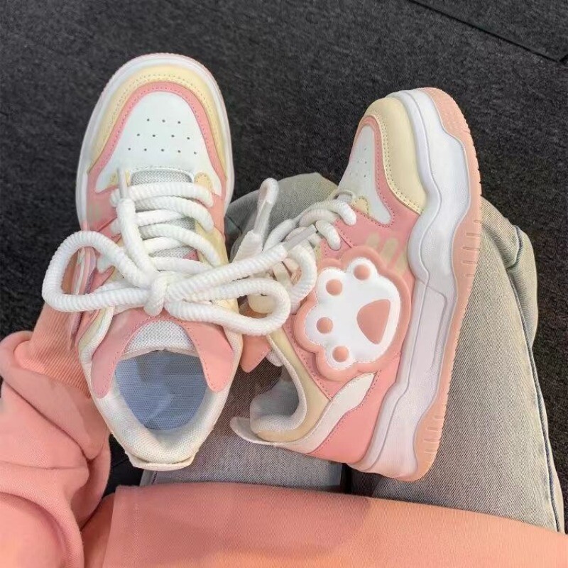 SHANPA Pantofi cu platformă cu gheare de pisică drăguț pentru femei, combinație de culori roz Kawaii, pantofi sport pentru femei, pantofi de modă în stil coreean