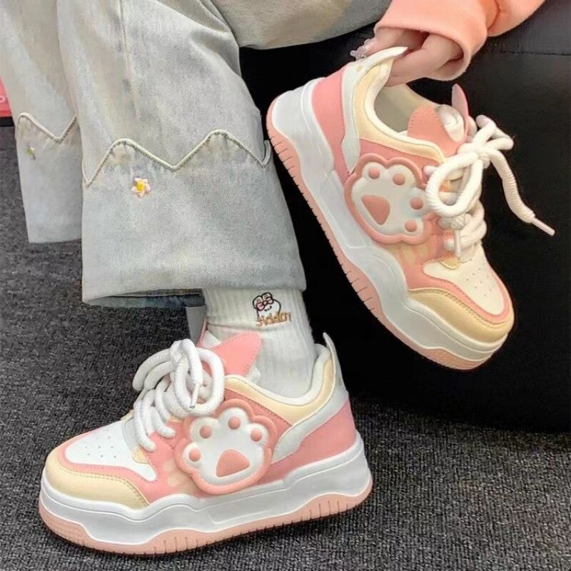 SHANPA Pantofi cu platformă cu gheare de pisică drăguț pentru femei, combinație de culori roz Kawaii, pantofi sport pentru femei, pantofi de modă în stil coreean