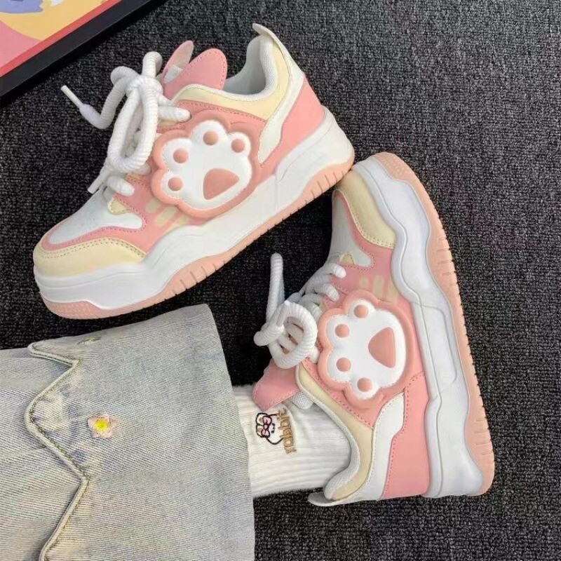 SHANPA Pantofi cu platformă cu gheare de pisică drăguț pentru femei, combinație de culori roz Kawaii, pantofi sport pentru femei, pantofi de modă în stil coreean