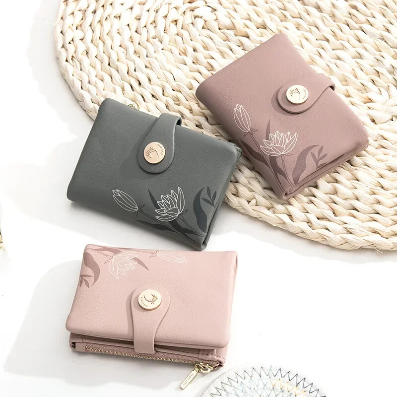 Portofel mic de modă pentru femei coreeană din piele PU cu cataramă geantă pentru monede, portofel scurt, cu fermoar, pliabil, de culoare solidă, geantă de bani