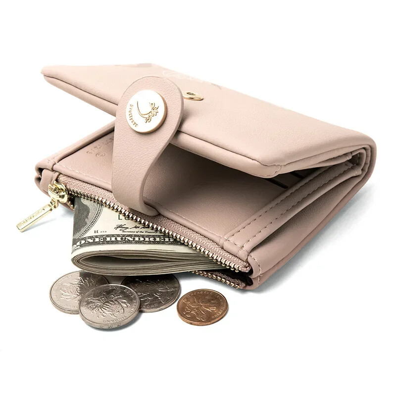 Portofel mic de modă pentru femei coreeană din piele PU cu cataramă geantă pentru monede, portofel scurt, cu fermoar, pliabil, de culoare solidă, geantă de bani
