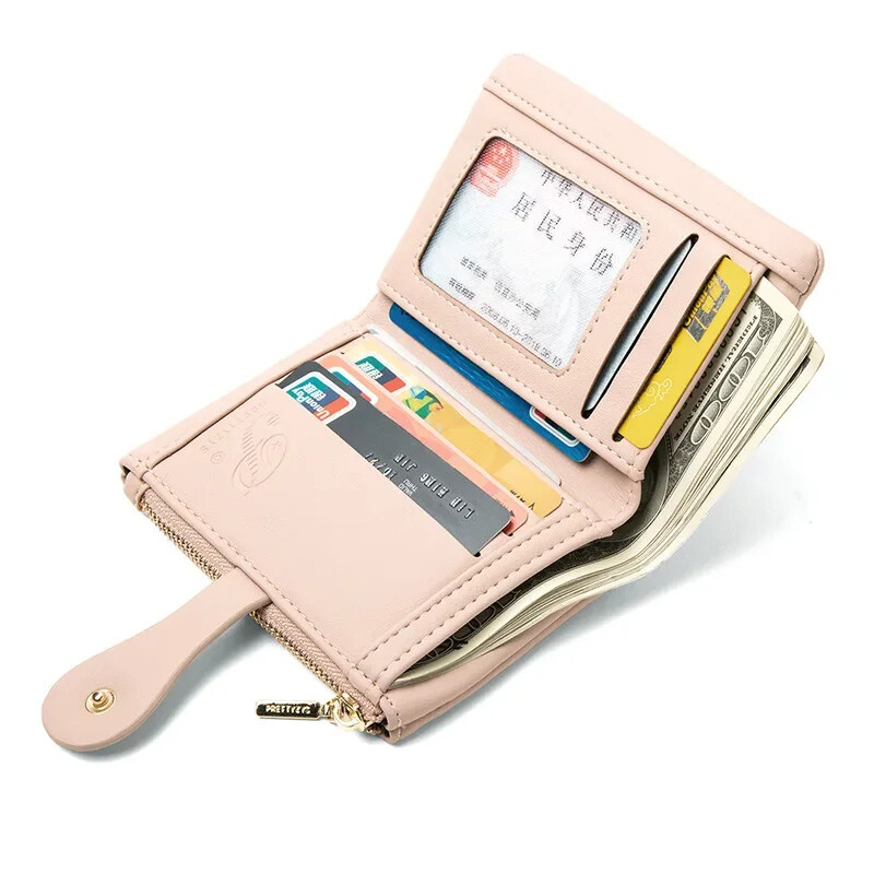 Portofel mic de modă pentru femei coreeană din piele PU cu cataramă geantă pentru monede, portofel scurt, cu fermoar, pliabil, de culoare solidă, geantă de bani