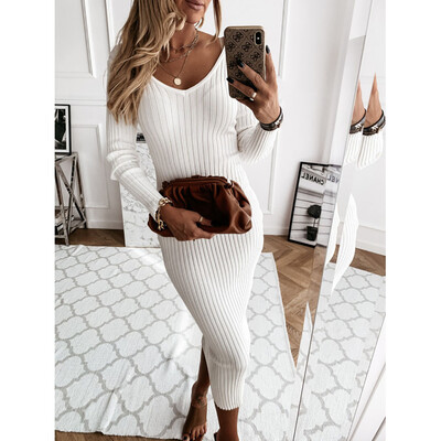 Rochie maxi cu mânecă lungă din tricot cu nervuri pentru femei, cu o formă subțire, de culoare solidă, cu creion, rochie lungă, ocazională, toamnă, iarnă