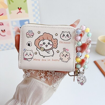 Portofel scurt din piele PU stil INS cu pandantiv de frânghie Suport card de credit Geanta de bani Chiikawa Mini poseta pentru monede Fata