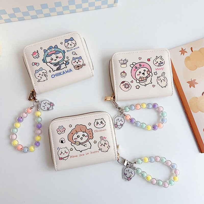 Portofel scurt din piele PU stil INS cu pandantiv de frânghie Suport card de credit Geanta de bani Chiikawa Mini poseta pentru monede Fata
