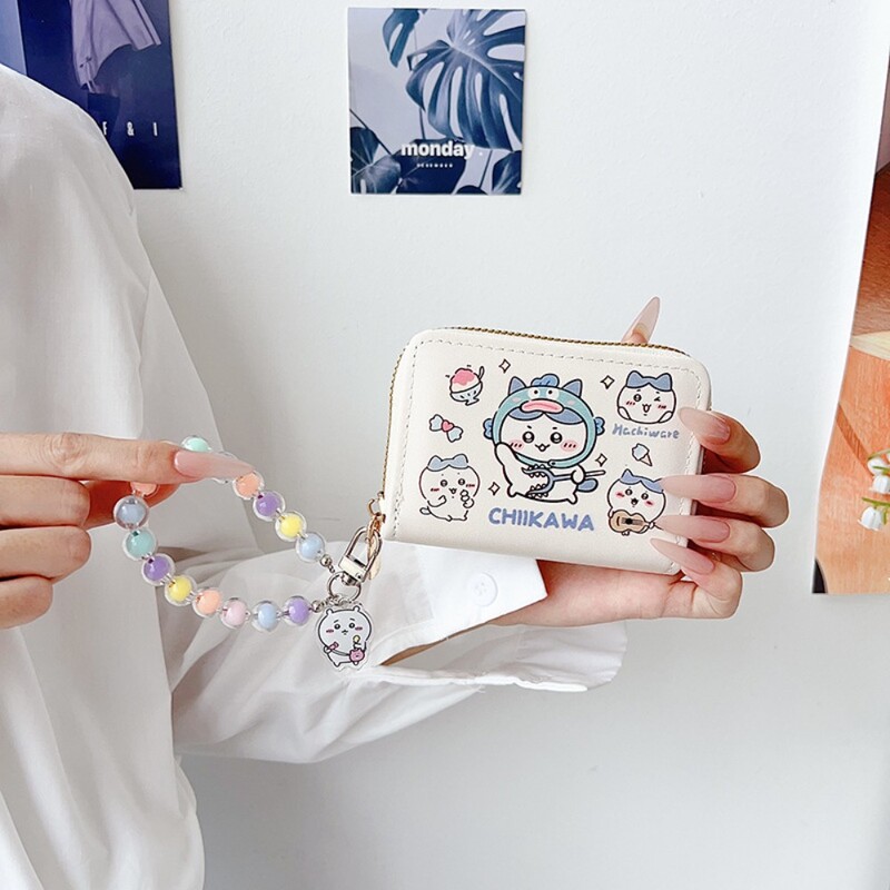 Portofel scurt din piele PU stil INS cu pandantiv de frânghie Suport card de credit Geanta de bani Chiikawa Mini poseta pentru monede Fata