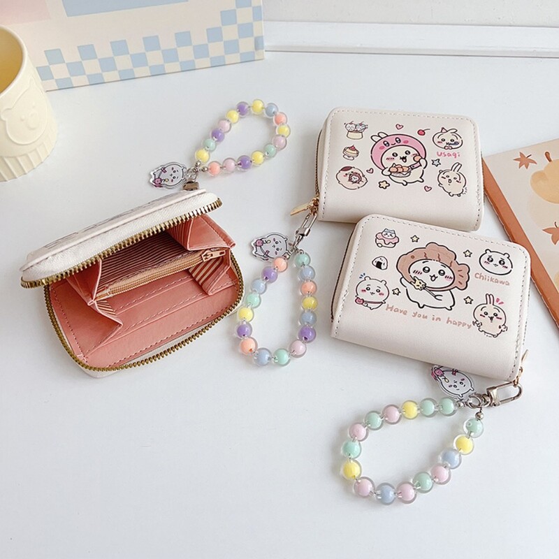 Portofel scurt din piele PU stil INS cu pandantiv de frânghie Suport card de credit Geanta de bani Chiikawa Mini poseta pentru monede Fata
