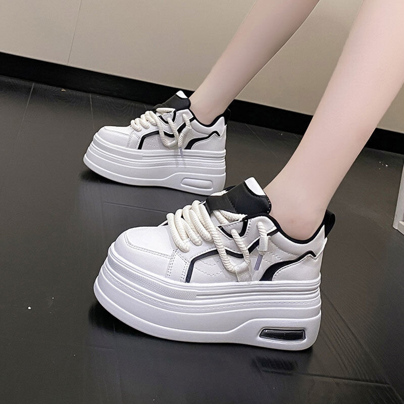 Modne tenisice s platformom Ženske proljeće jesen Udobne okrugle vrhove na vezivanje 8 cm debelo dno Crno-bijele ležerne sportske cipele