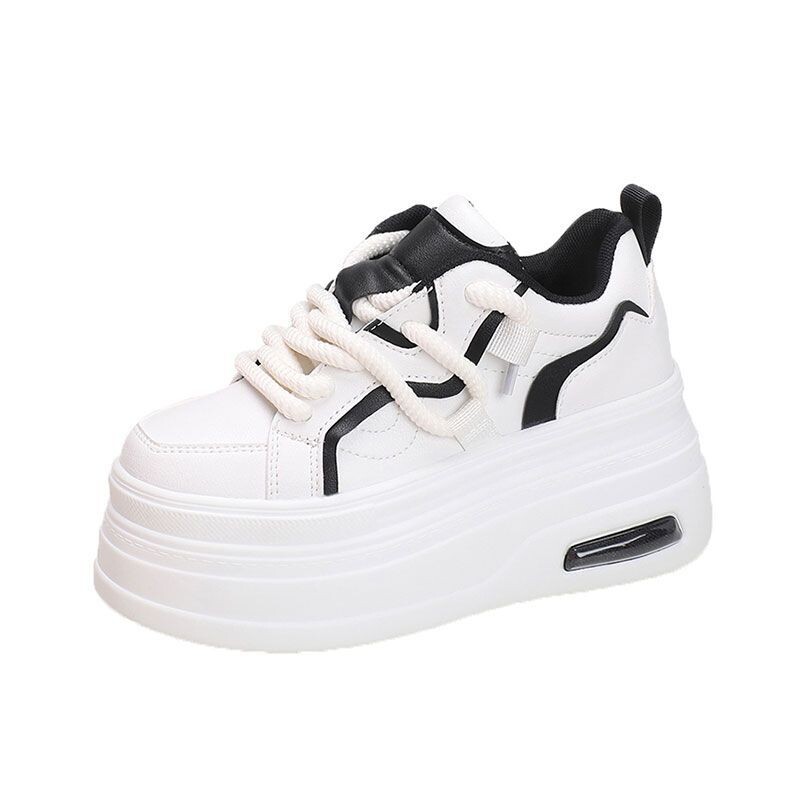 Modne tenisice s platformom Ženske proljeće jesen Udobne okrugle vrhove na vezivanje 8 cm debelo dno Crno-bijele ležerne sportske cipele