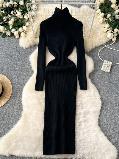 SINGREINY 2024. gada jaunākā rudens džemperkleita ar apkakli ar pilnām piedurknēm, augstas elastīgas, šauras piegriezuma dāmu maiga, vienkrāsaina, gara ikdienas kleita