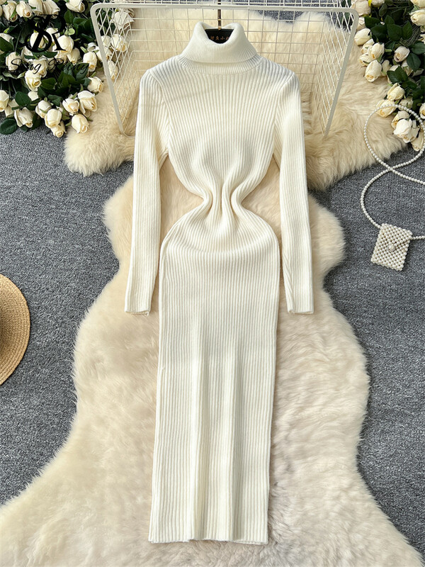 SINGREINY 2024. gada jaunākā rudens džemperkleita ar apkakli ar pilnām piedurknēm, augstas elastīgas, šauras piegriezuma dāmu maiga, vienkrāsaina, gara ikdienas kleita