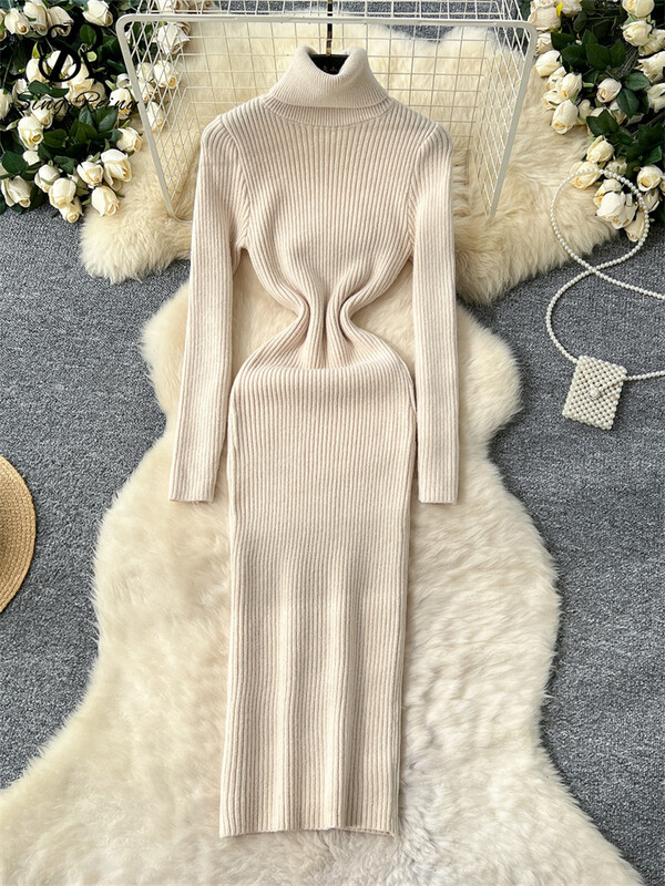 SINGREINY 2024. gada jaunākā rudens džemperkleita ar apkakli ar pilnām piedurknēm, augstas elastīgas, šauras piegriezuma dāmu maiga, vienkrāsaina, gara ikdienas kleita