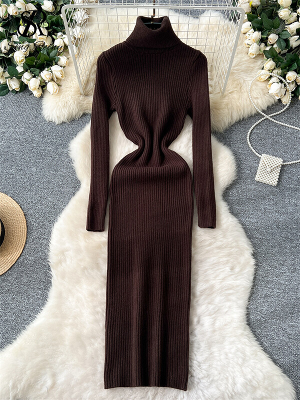 SINGREINY 2024. gada jaunākā rudens džemperkleita ar apkakli ar pilnām piedurknēm, augstas elastīgas, šauras piegriezuma dāmu maiga, vienkrāsaina, gara ikdienas kleita