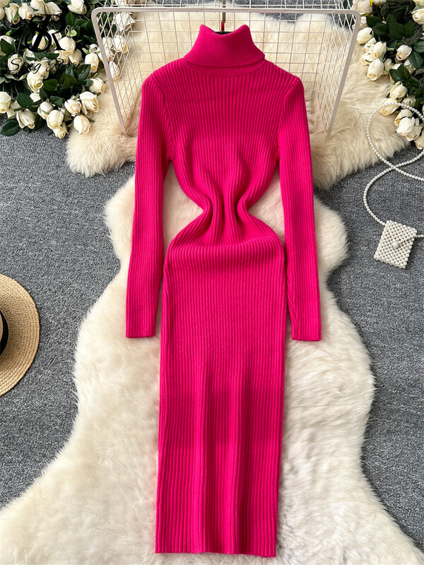 SINGREINY 2024. gada jaunākā rudens džemperkleita ar apkakli ar pilnām piedurknēm, augstas elastīgas, šauras piegriezuma dāmu maiga, vienkrāsaina, gara ikdienas kleita