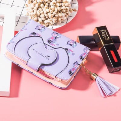 Crtani mačka Ženski novčanik s printom PU kožni ženski novčanik Dizajnirana torbica za novčiće Ženski držač za kartice Slatki novčanik s resicama