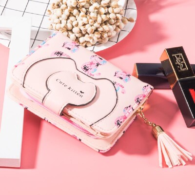 Crtani mačka Ženski novčanik s printom PU kožni ženski novčanik Dizajnirana torbica za novčiće Ženski držač za kartice Slatki novčanik s resicama