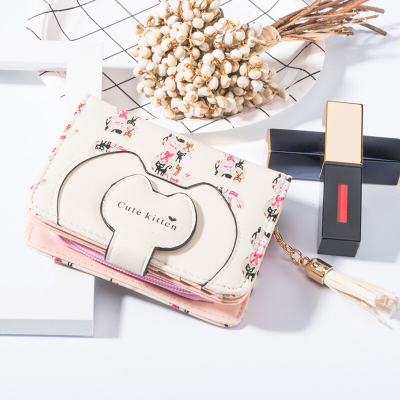 Crtani mačka Ženski novčanik s printom PU kožni ženski novčanik Dizajnirana torbica za novčiće Ženski držač za kartice Slatki novčanik s resicama