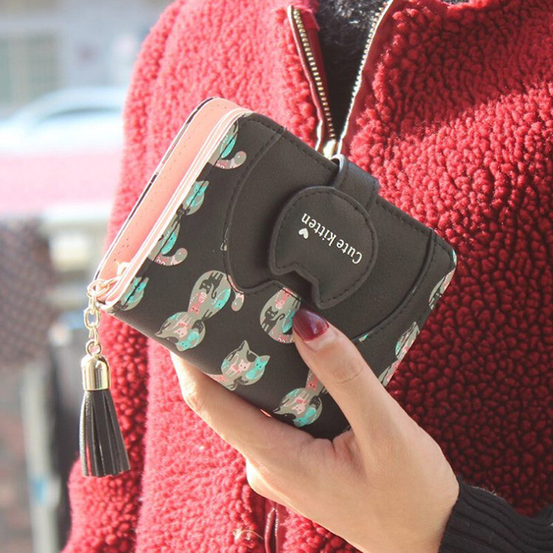 Crtani mačka Ženski novčanik s printom PU kožni ženski novčanik Dizajnirana torbica za novčiće Ženski držač za kartice Slatki novčanik s resicama