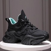 Pantofi negri cu platformă din piele, cu talpă groasă, toamnă, pantofi groși, femei, cu șireturi, 2024, comozi, pantofi de mers pentru femei.