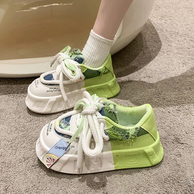 Kawaii biezs apakšas biskvīta kūka biezs apakšas sieviešu dēļu apavi Jaunas modes dēļu apavi gaišas krāsas neglīts lielas galvas sporta apavi