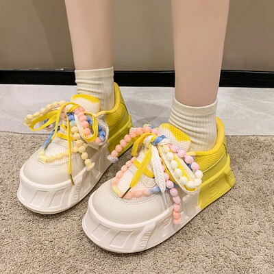 Kawaii biezs apakšas biskvīta kūka biezs apakšas sieviešu dēļu apavi Jaunas modes dēļu apavi gaišas krāsas neglīts lielas galvas sporta apavi