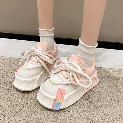 Kawaii biezs apakšas biskvīta kūka biezs apakšas sieviešu dēļu apavi Jaunas modes dēļu apavi gaišas krāsas neglīts lielas galvas sporta apavi