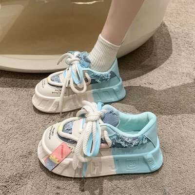 Kawaii biezs apakšas biskvīta kūka biezs apakšas sieviešu dēļu apavi Jaunas modes dēļu apavi gaišas krāsas neglīts lielas galvas sporta apavi